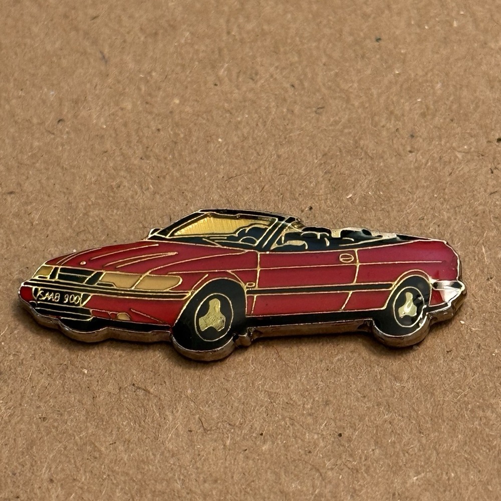 Saab 900 Convertible Red Sports Car Automobile Swedish European Lapel Pin VTG